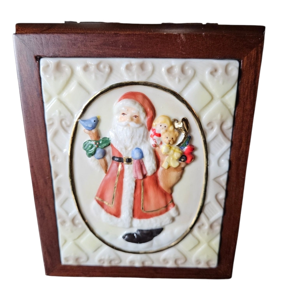 Santa Claus Ceramic and Wood Holiday Treasure Music Box.